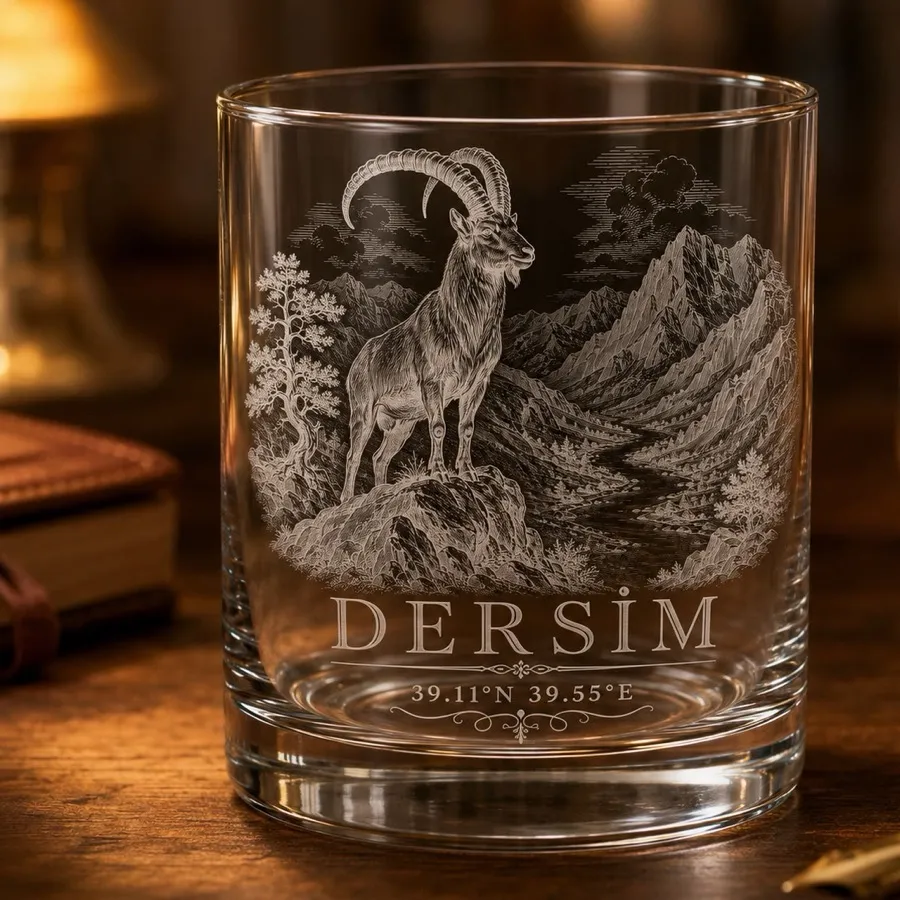 Cam bardak; üzerinde kaya üstünde duran dağ keçisi, arkasında vadi ve dağlar, altında DERSİM yazısı ve koordinat gravürlü.